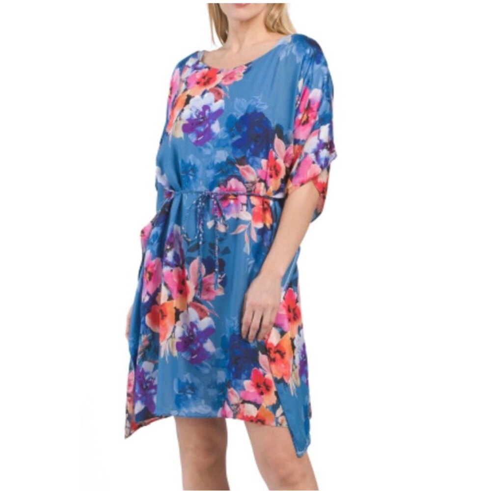 Johnny Was Blue Floral Swim Coverup with Pink & Purple Accents L